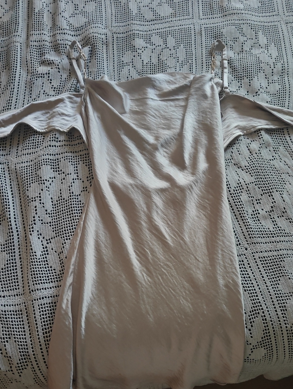 Off-Shoulder Satin Slip Dress in Light Taupe, Feels Like Satin/Silk. Back Tie